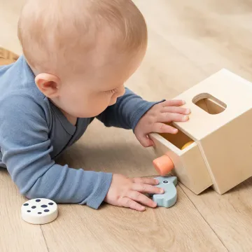 Beba se igra s Montessori kutijom za stalnost objekta Nozo