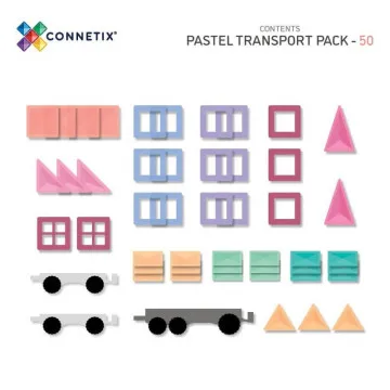 Prikaz svih 50 dijelova i oblika iz Connetix Pastel Transport seta
