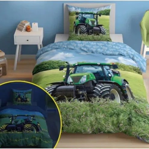 HOLLAND Dječja posteljina 140x200 Traktor Blue & Green Glow in the dark
